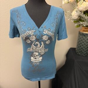 Harley-Davidson Blue Graphic Henley Tee – Women’s Small